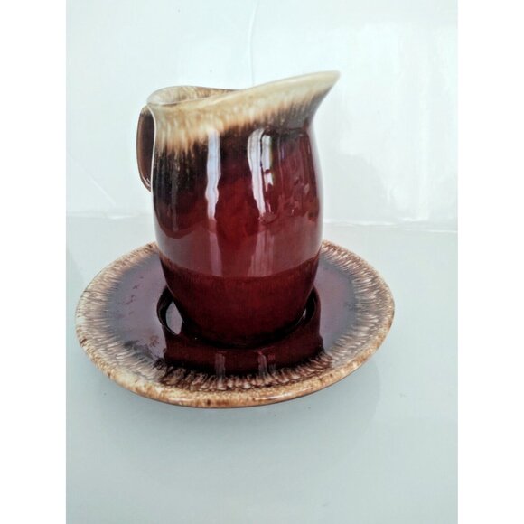 Hull Pottery USA Crestine Pottery Brown Drip Pattern Pitcher & Underplate - Picture 2 of 12